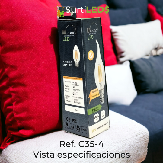 Bombillo LED Vela C35 E27 4W Luz Cálida 2700K – Ref C35-4 - Imagen 2