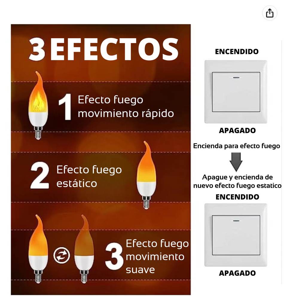 Bombillo LED Candelabro Tipo Llama con 3 movimientos-2W E14 y E27 1500K – Ref C36-2 - Imagen 6