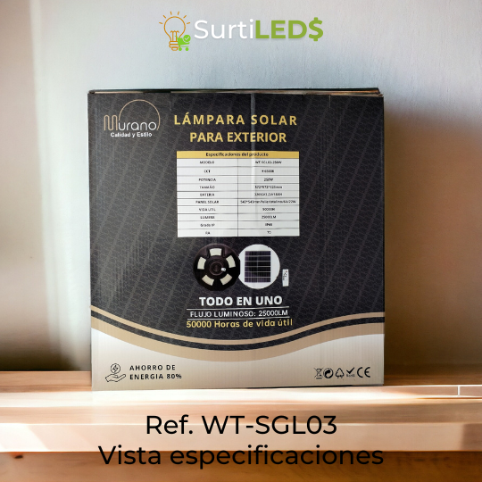 Lámpara Solar LED Exterior 250W Luz Blanca 6500K – Ref WT-SGL03 - Imagen 3